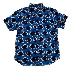 Old Navy Slim Fit Flex Blue Button Down Short Sleeve Shirt Tropical Fish Size M